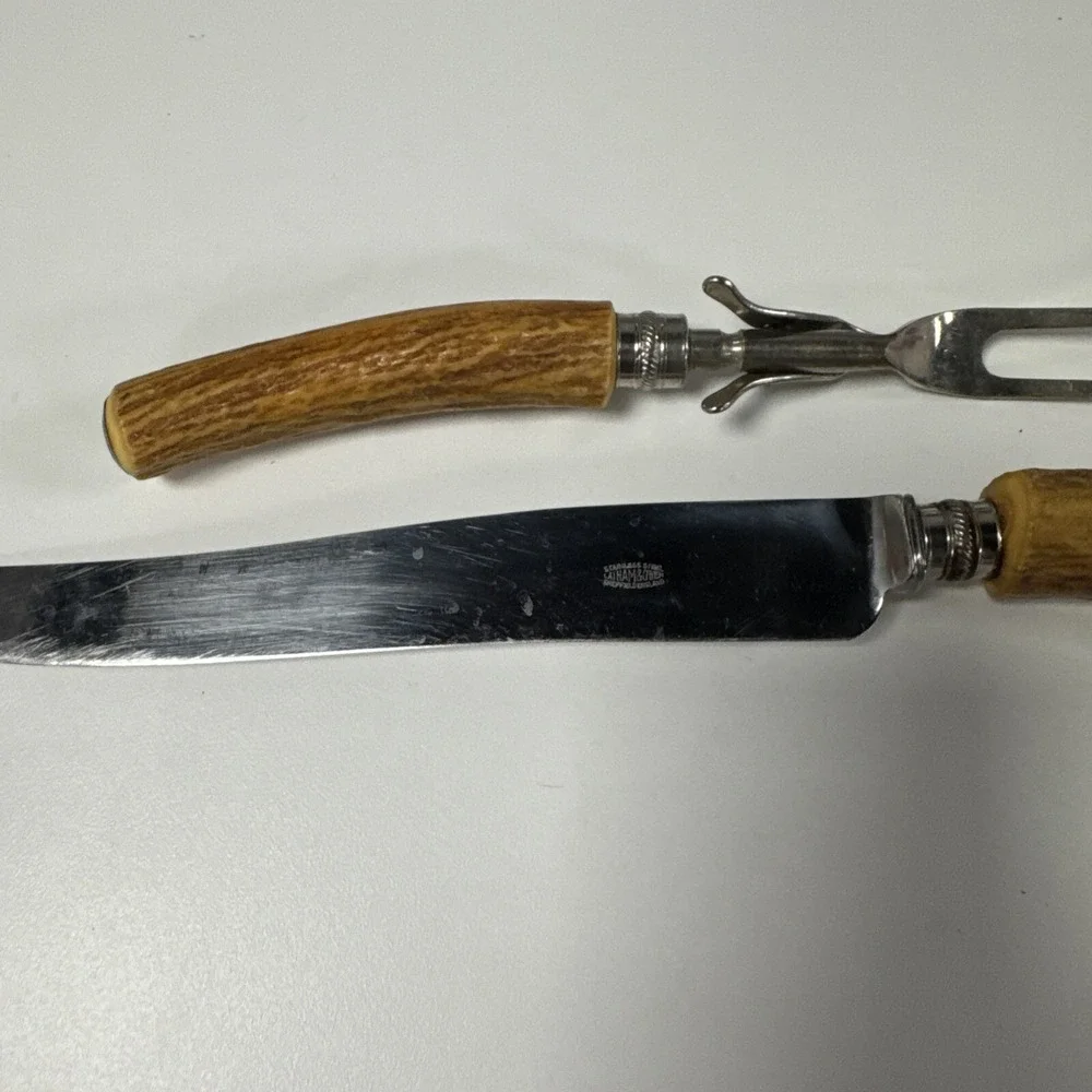 Latham & Owen Sheffield England Carving Set Antler Handles Knife Fork‎